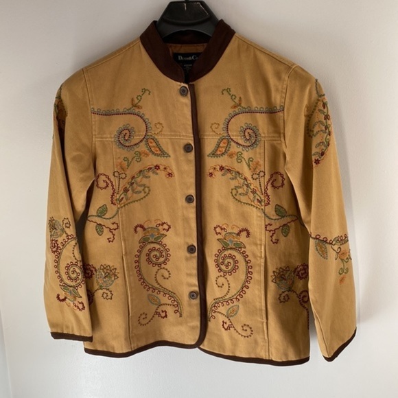 DENIM & CO. 1980s Vintage Embroidered Denim Jacket Coat - Brown - Picture 6 of 17